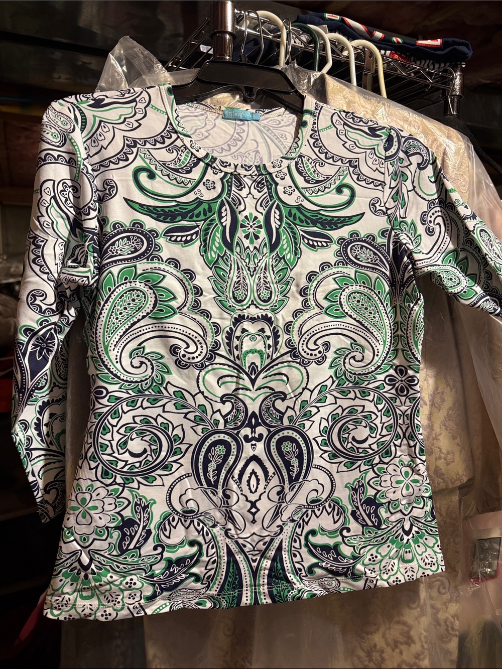 J McLaughlin Women's Paisley Floral Top Size Small 3/4 sleeve green Navy White